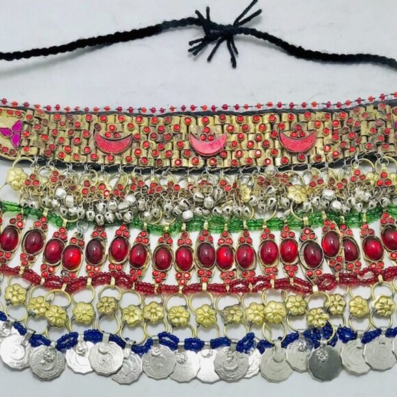 Red Stones Afghan Necklace, Vintage Coins Multilayer Choker Necklace, Gypsy - Picture 10 of 14